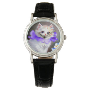 Vitt katt med Lila Flower Collar-färg Armbandsur
