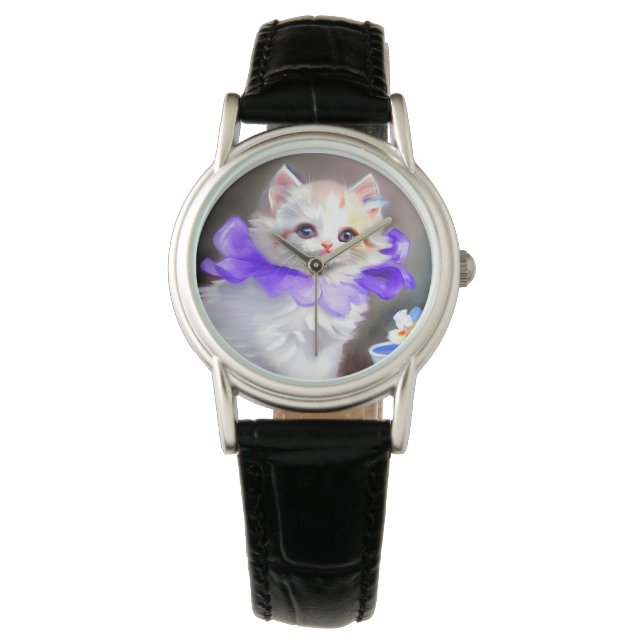 Vitt katt med Lila Flower Collar-färg Armbandsur (Framsida)
