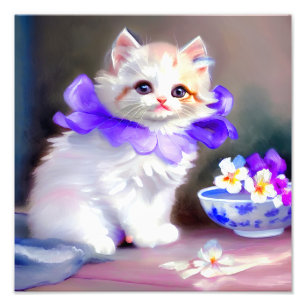 Vitt katt med Lila Flower Collar-färg Fototryck