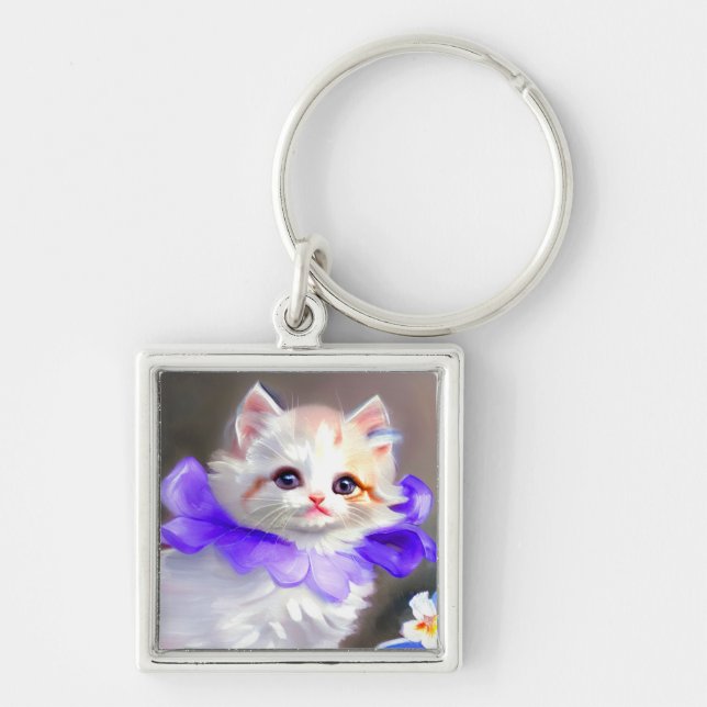 Vitt katt med Lila Flower Collar-färg Fyrkantig Silverfärgad Nyckelring (Framsidan)
