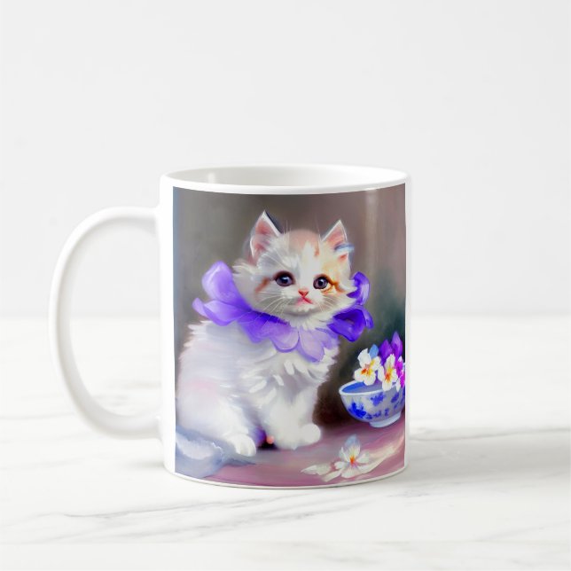 Vitt katt med Lila Flower Collar-färg Kaffemugg (Vänster)