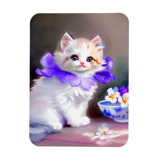 Vitt katt med Lila Flower Collar-färg Magnet (Vertikal)
