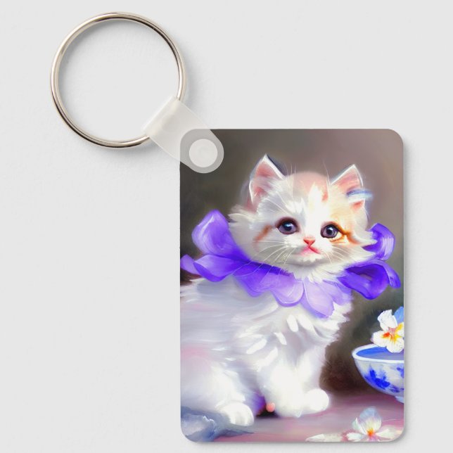 Vitt katt med Lila Flower Collar-färg Nyckelring (Framsida)