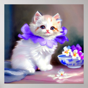 Vitt katt med Lila Flower Collar-färg Poster