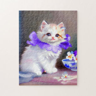 Vitt katt med Lila Flower Collar-färg Pussel
