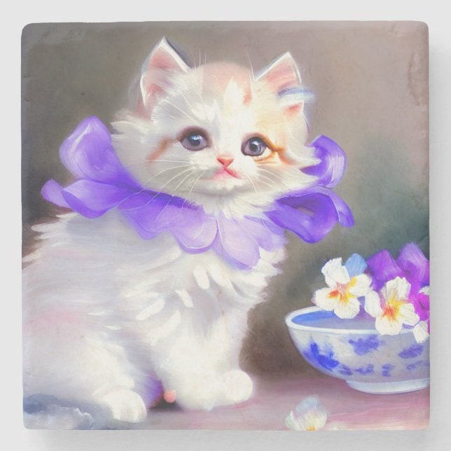 Vitt katt med Lila Flower Collar-färg Stenunderlägg (Framsidan)