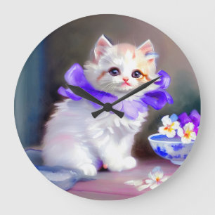 Vitt katt med Lila Flower Collar-färg Stor Klocka