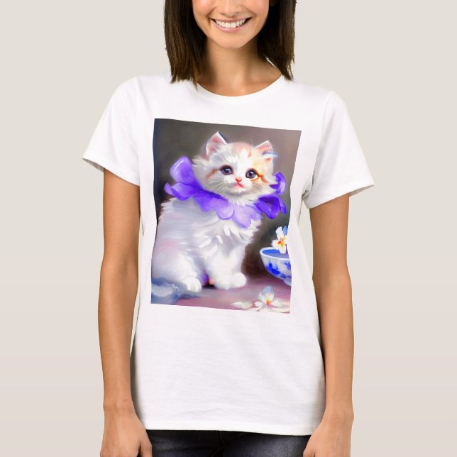 Vitt katt med Lila Flower Collar-färg T Shirt (Framsida)