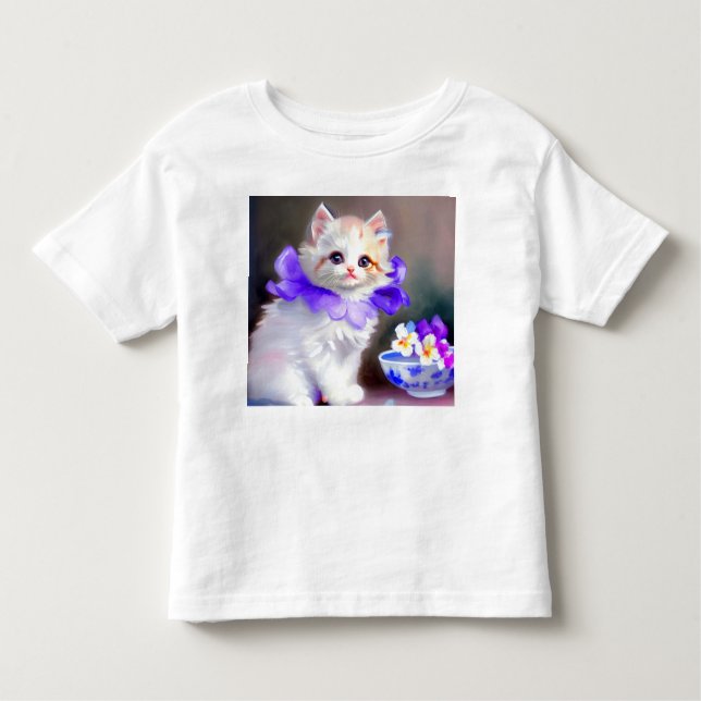 Vitt katt med Lila Flower Collar-färg T Shirt (Framsida)