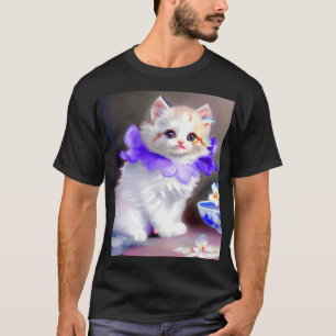 Vitt katt med Lila Flower Collar-färg T Shirt