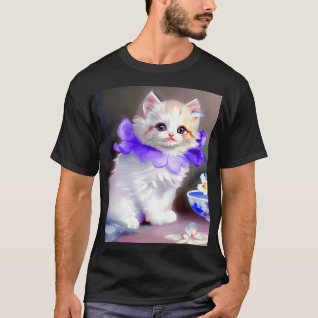 Vitt katt med Lila Flower Collar-färg T Shirt (Framsida)