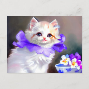 Vitt katt med Lila Flower Collar-färg Vykort