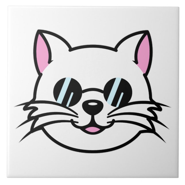 Vitt katt, svart glas/solglasögon kakelplatta (Framsidan)