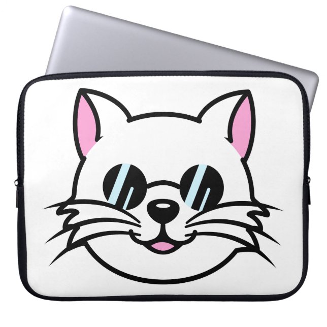 Vitt katt, svart glas/solglasögon laptop fodral (Framsidan)