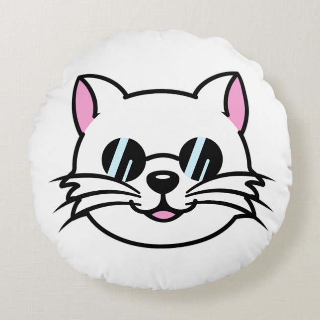 Vitt katt, svart glas/solglasögon rund kudde (Framsidan)
