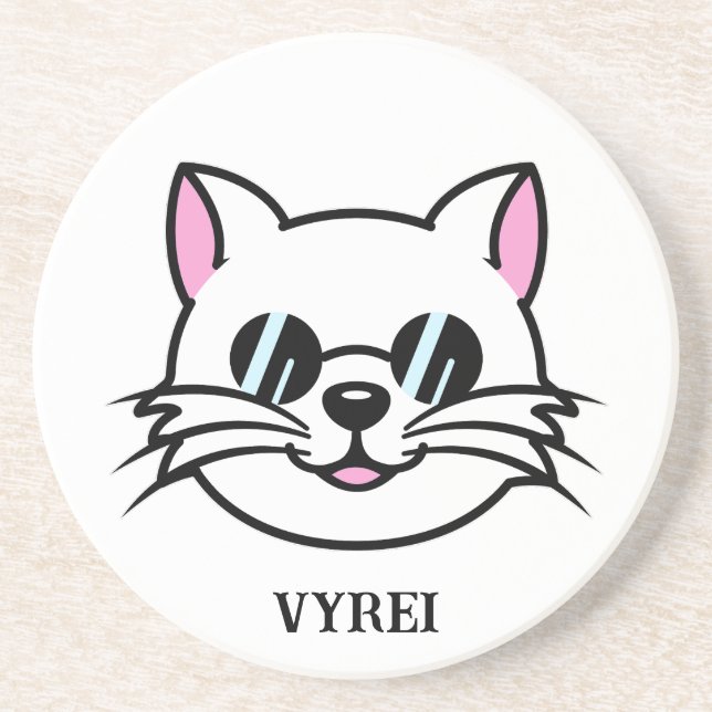 Vitt katt, svart glas/solglasögon underlägg (Framsidan)