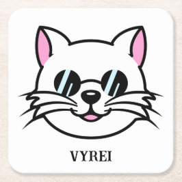 Vitt katt, svart glas/solglasögon underlägg papper kvadrat