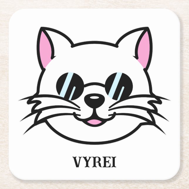 Vitt katt, svart glas/solglasögon underlägg papper kvadrat (Framsidan)