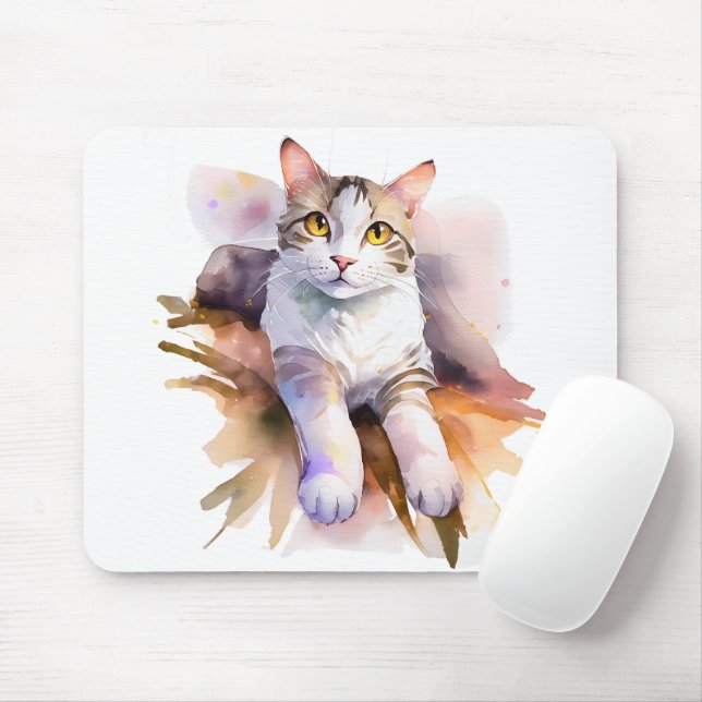 Vitt katt - vattenfärg Illustration Musmatta (Med mus)