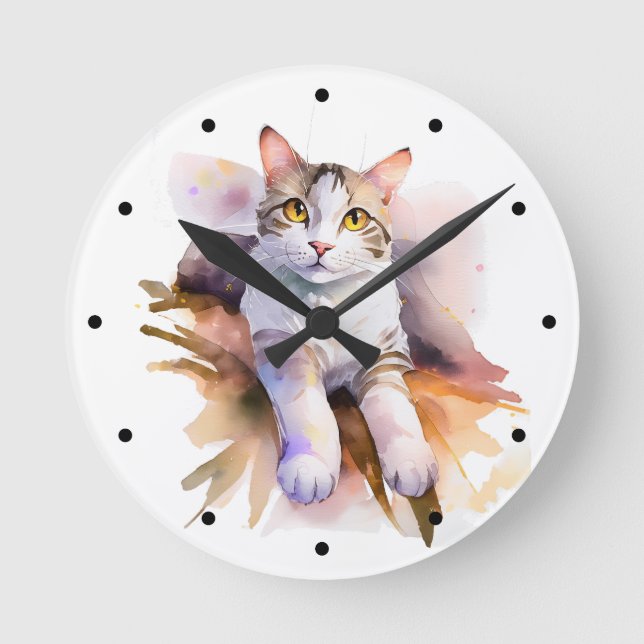Vitt katt - vattenfärg Illustration Rund Klocka (Framsida)