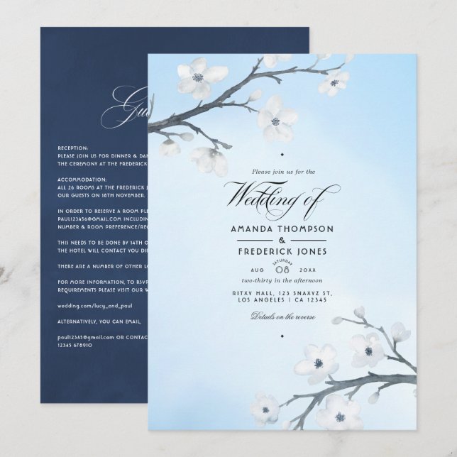Vitt körsbärsblom Wedding Invitation Inbjudningar (Fram/baksida)