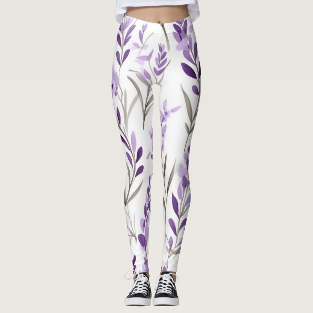 Vitt lila Blommönster Leggings (Framsida)