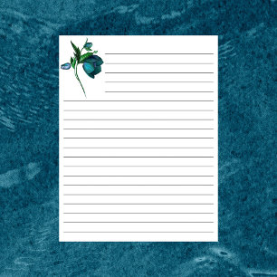 Vitt linjerat papper med blå blommor brevpapper