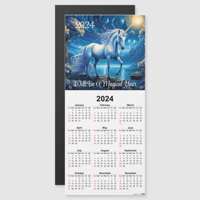 Vitt Magnetic Calendar Card för Unicorn (Fram/baksida)