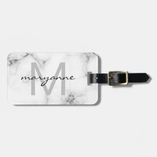 Vitt marble Grått Black-skript Monogrammed Initial Bagagebricka