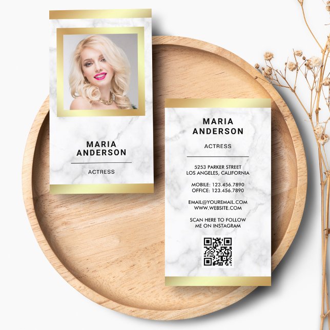 Vitt marble Guld-recensionsfoto QR-kod Visitkort (Skapare uppladdad)