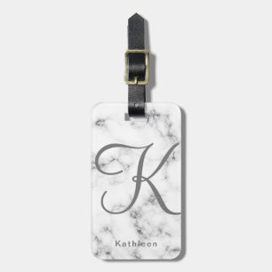 Vitt marmor Grått Monogrammed Initial Bagagebricka