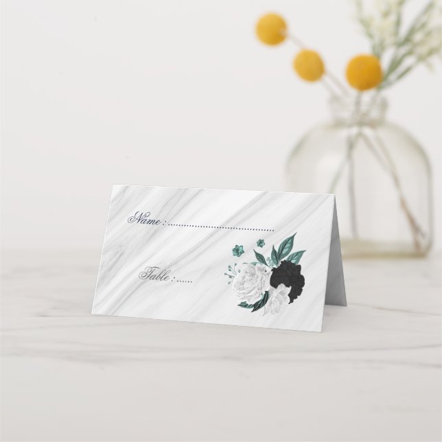 Vitt marmorplatskort för svart och blommigt placeringskort (Framsida)