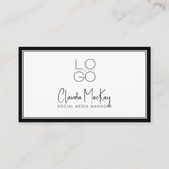 Vitt med Black Gräns, Nyckel Line Script 3 QR-kod Visitkort (Framsida)