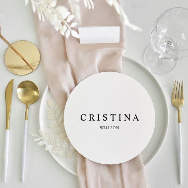 Vitt, minimalistiskt Bröllop-gästkort Meny (White Round Minimalist Wedding Guest Place Card)