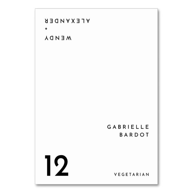 Vitt, modernt Bröllop-placeringskort med fetstil Bordsnummer (Framsidan)