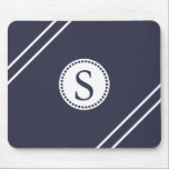 Vitt monogram med blå och vit strimling musmatta<br><div class="desc">Det är ett svart Monogram med Personlig med svart Rand-mus med vit bakgrund.Du kan anpassa med ditt inledande monogram eller annan text.</div>