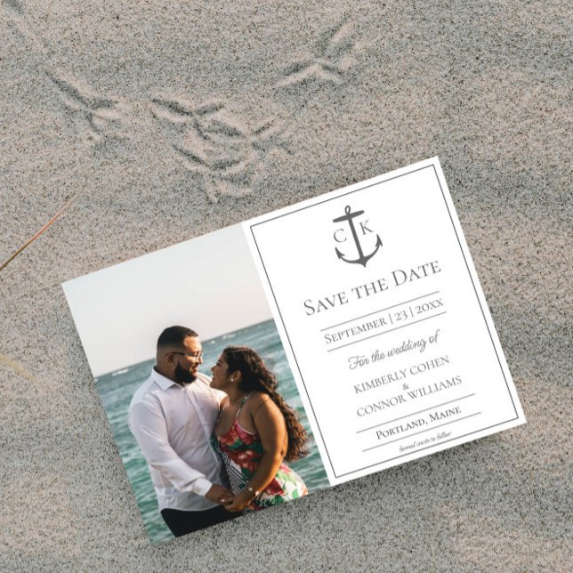 Vitt nautiskt monogram foto Spara datum Datumet (White Nautical Monogram Photo Save the Date)