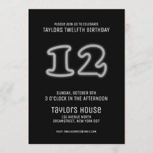 Vitt Neon Sign 12:e Trendig Födelsedagsfest Inbjudningar
