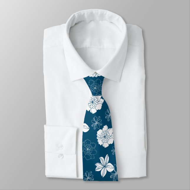 Vitt och blått grafiskt Blommönster Slips (Bunden)