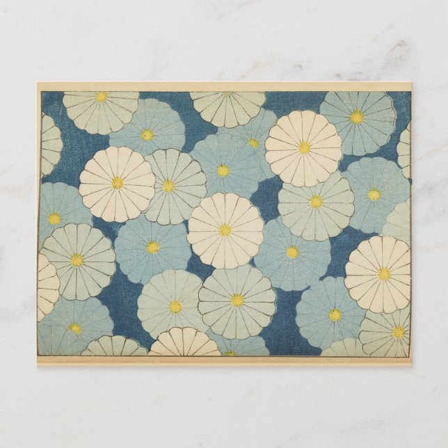 Vitt och blått japanskt blommönstrat vykort (Framsida)