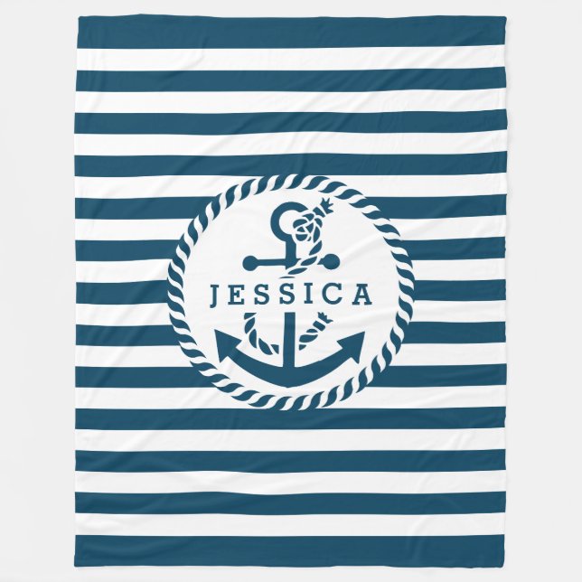 Vitt och blått Rand och Nautiskt båtankare 2 Fleecefilt (Framsidan)