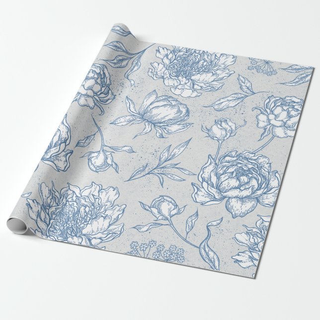 Vitt och blått vintage blomsterillustration presentpapper (Utrullad)