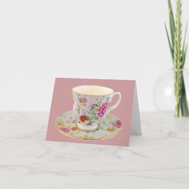 Vitt och Blommigt Tea Kopp och Saucer Note Card Kort (Framsida)