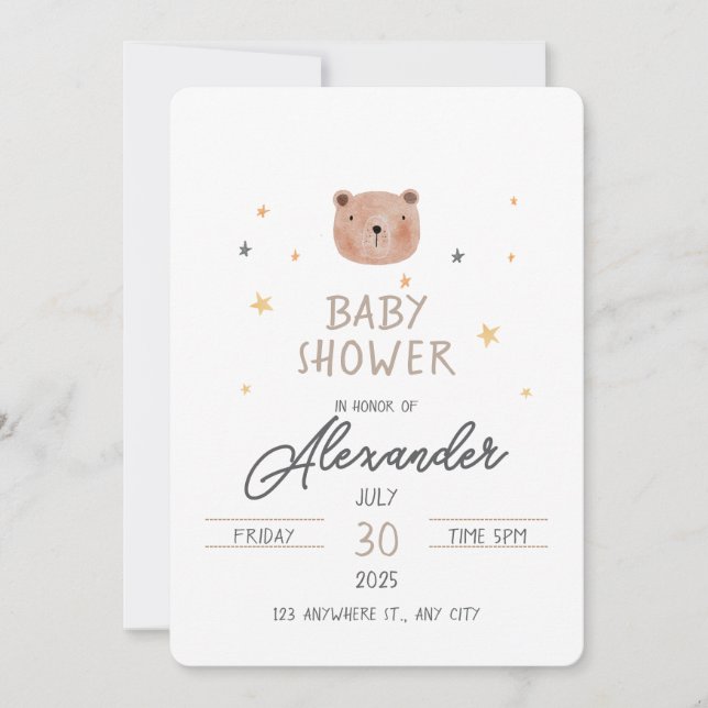 Vitt och brunt vattenfärgsfärgskuvret för spädbarn inbjudningar (Framsida)