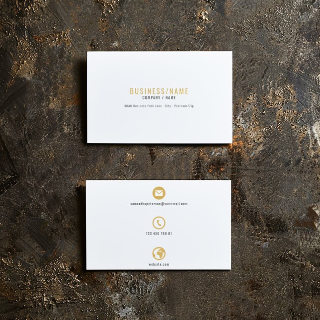 Vitt och guld ikon företags kort. Företags kort (White and gold business card. Professional business card with 3 bold and simple icons)