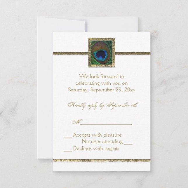 Vitt och guld Påfågel Feather RSVP-kort OSA Kort (Framsida)