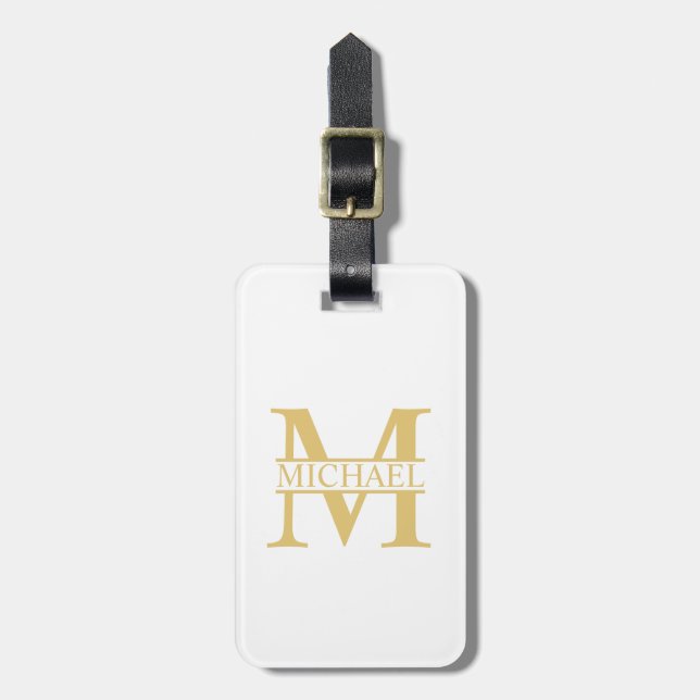 Vitt och Guld Personlig Monogram och Namn Bagagebricka (Vertikal Framsida)