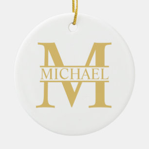Vitt och Guld Personlig Monogram och Namn Julgransprydnad Keramik