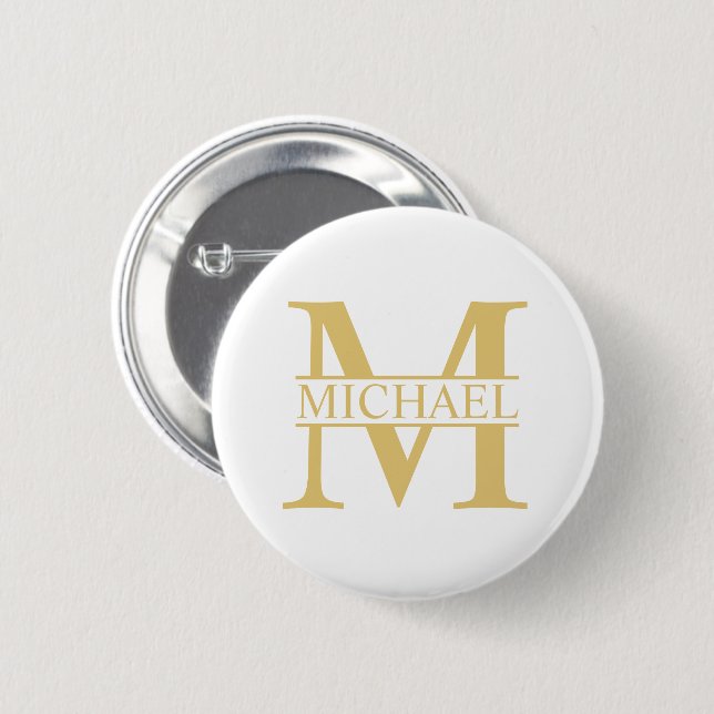 Vitt och Guld Personlig Monogram och Namn Knapp (Framsida & baksida)