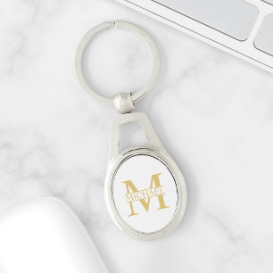 Vitt och Guld Personlig Monogram och Namn Ovalt Silverfärgad Nyckelring